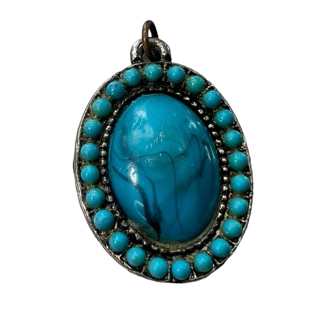 Vintage Faux Turquoise Silver Tone Pendant Boho Western Trendy